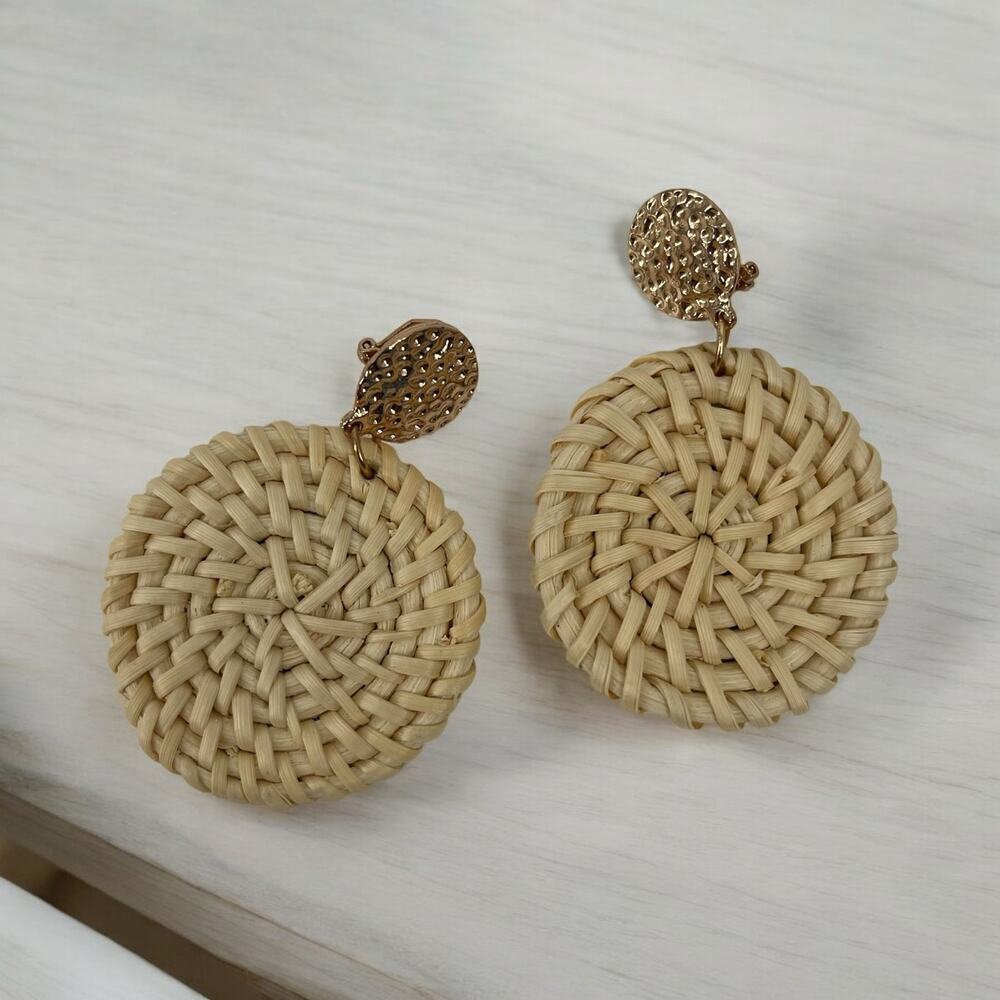 Rattan‎ Earrings Basket Weave Raffia Hammered Gold Boho Vintage Inspired